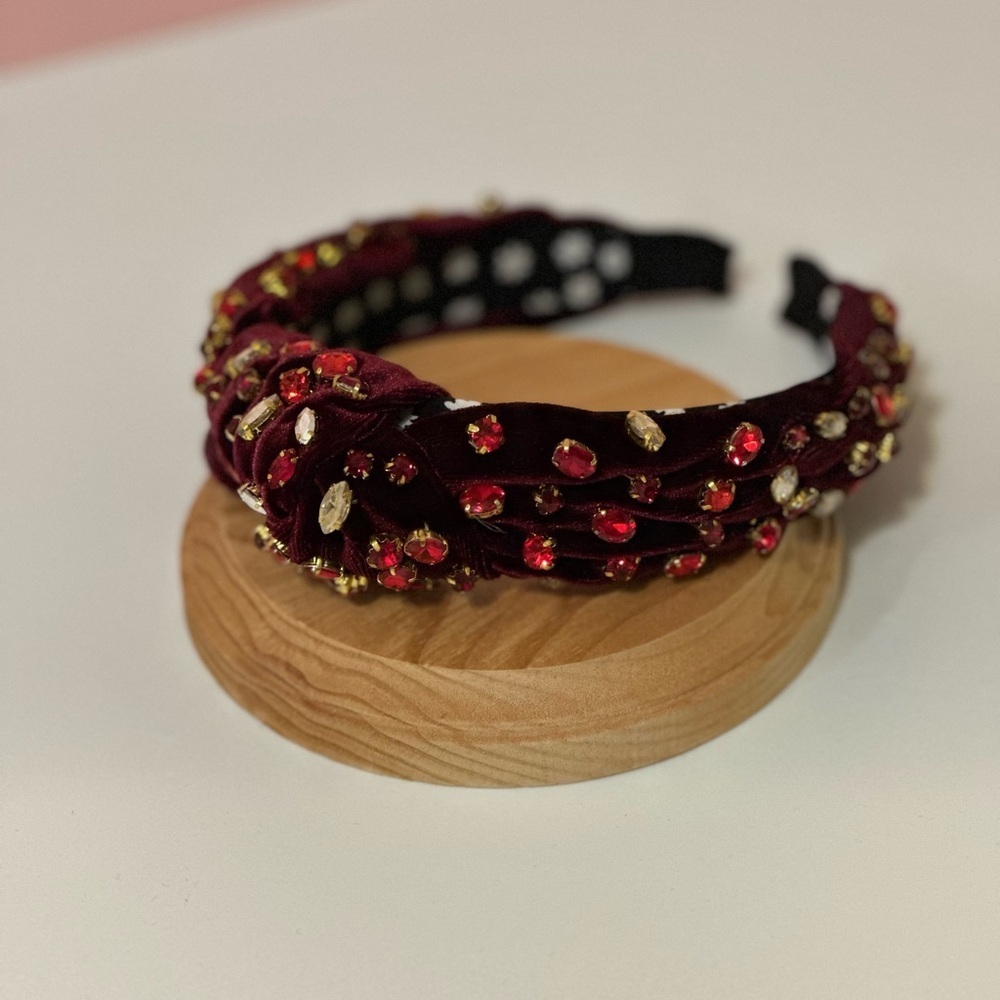 Red Rhinestone Burgundy Velvet Knot Headband - Picture 9 of 10